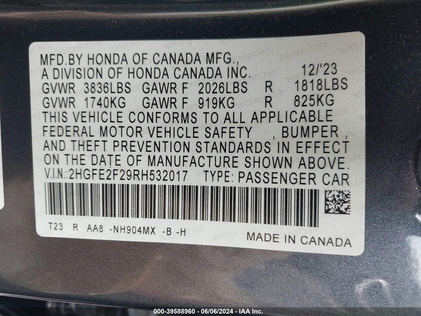 2024 HONDA CIVIC 2.0L I-4 DI, DOHC, V(VIN: 2HGFE2F29RH532017