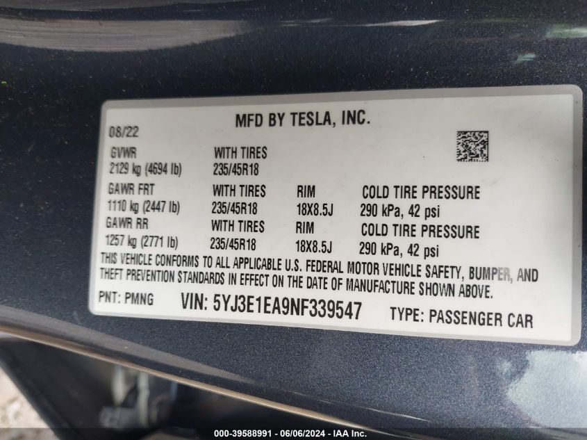 2022 TESLA MODEL 3 REAR-WHEEL DRIVE - 5YJ3E1EA9NF339547