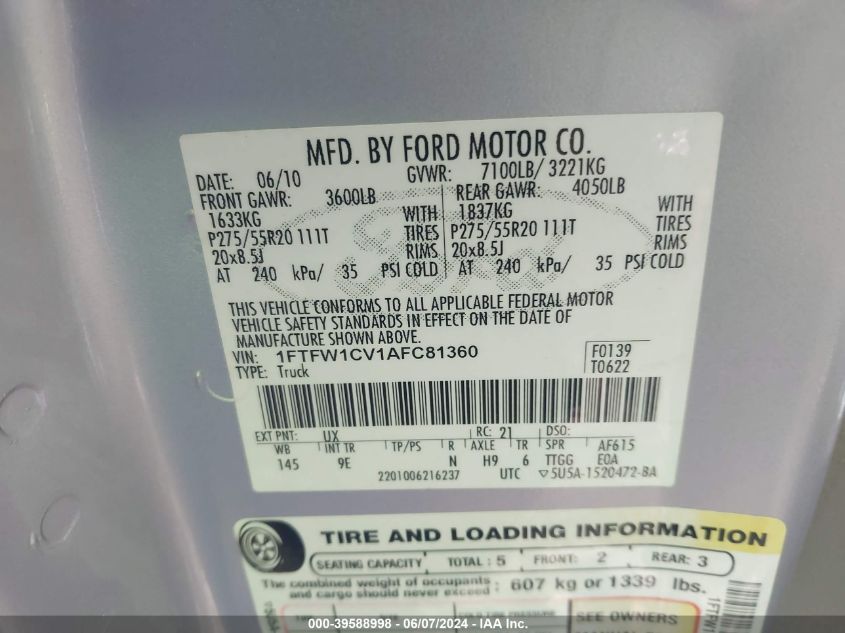 2010 Ford F-150 Fx2 Sport/Harley-Davidson/King Ranch/Lariat/Platinum/Xl/Xlt VIN: 1FTFW1CV1AFC81360 Lot: 39588998