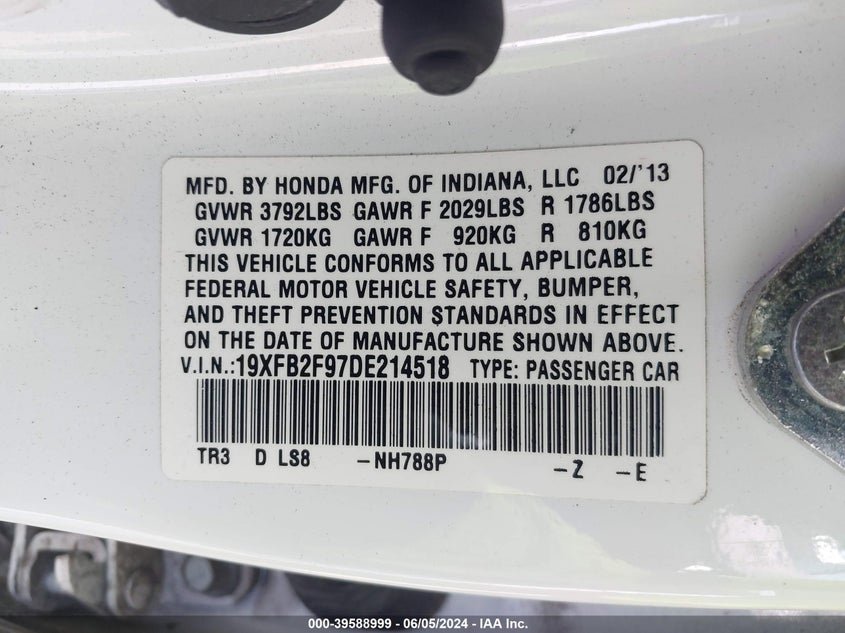 2013 Honda Civic Ex-L VIN: 19XFB2F97DE214518 Lot: 39588999