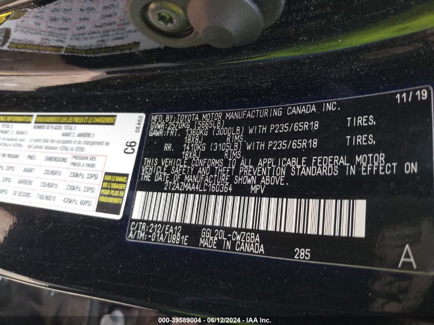 2020 Lexus Rx 350 VIN: 2T2AZMAA4LC160364 Lot: 39589004