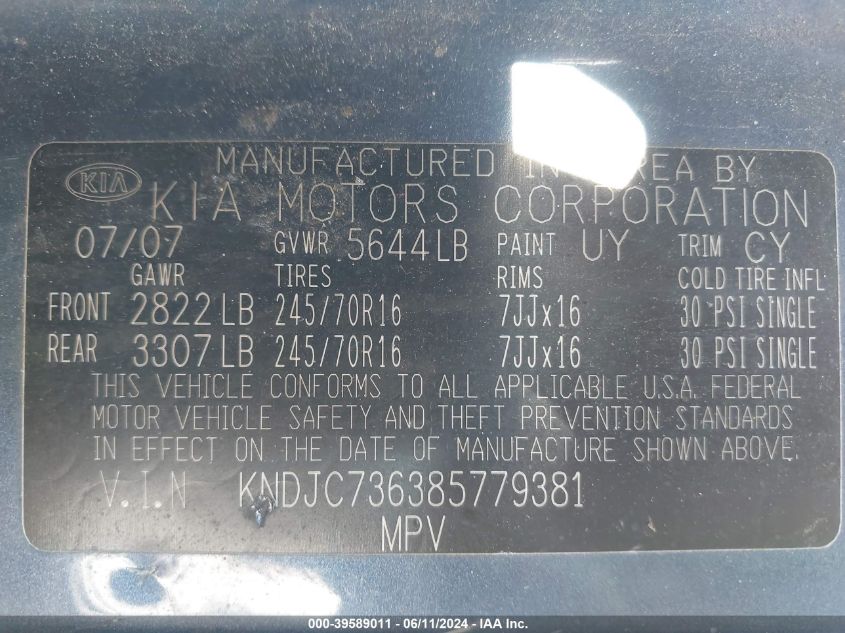 2008 Kia Sorento Ex VIN: KNDJC736385779381 Lot: 39589011