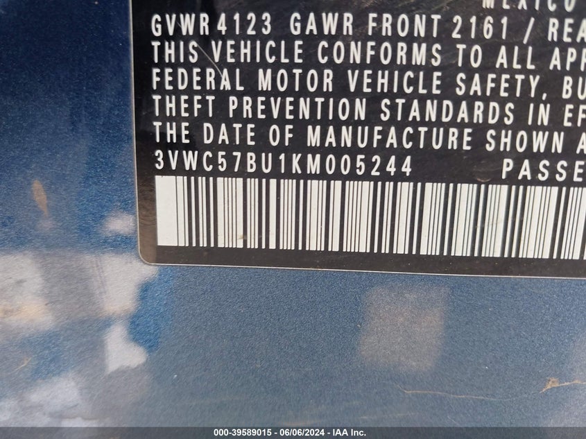 2019 Volkswagen Jetta 1.4T R-Line/1.4T S/1.4T Se VIN: 3VWC57BU1KM005244 Lot: 39589015