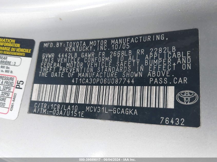 2006 Toyota Camry Solara Sle V6 VIN: 4T1CA30P06U087744 Lot: 39589017