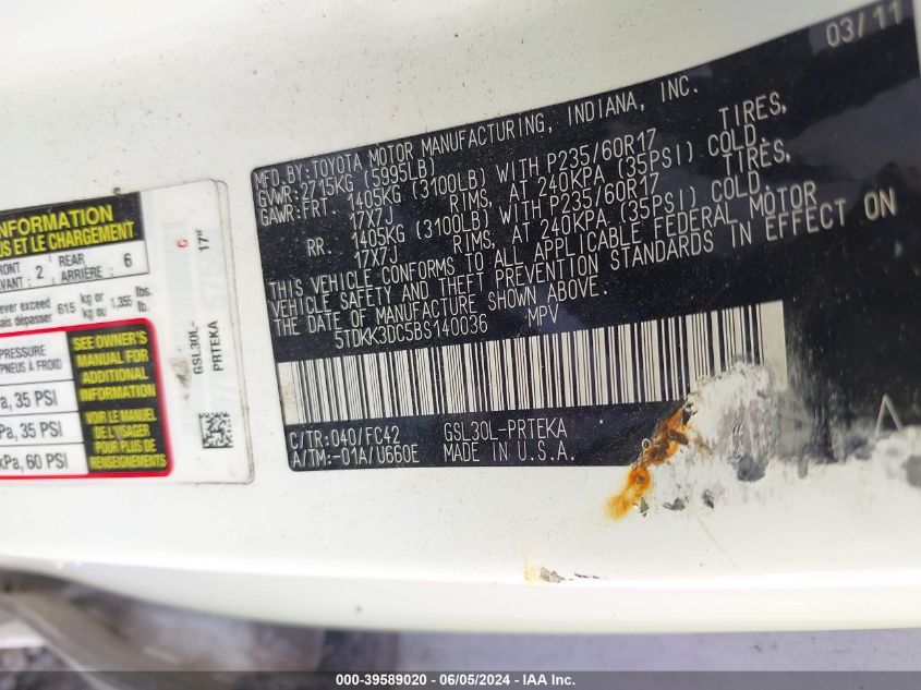 2011 Toyota Sienna Le V6 VIN: 5TDKK3DC5BS140036 Lot: 39589020