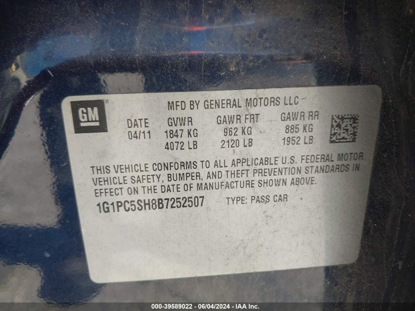 2011 Chevrolet Cruze Ls VIN: 1G1PC5SH8B7252507 Lot: 39589022