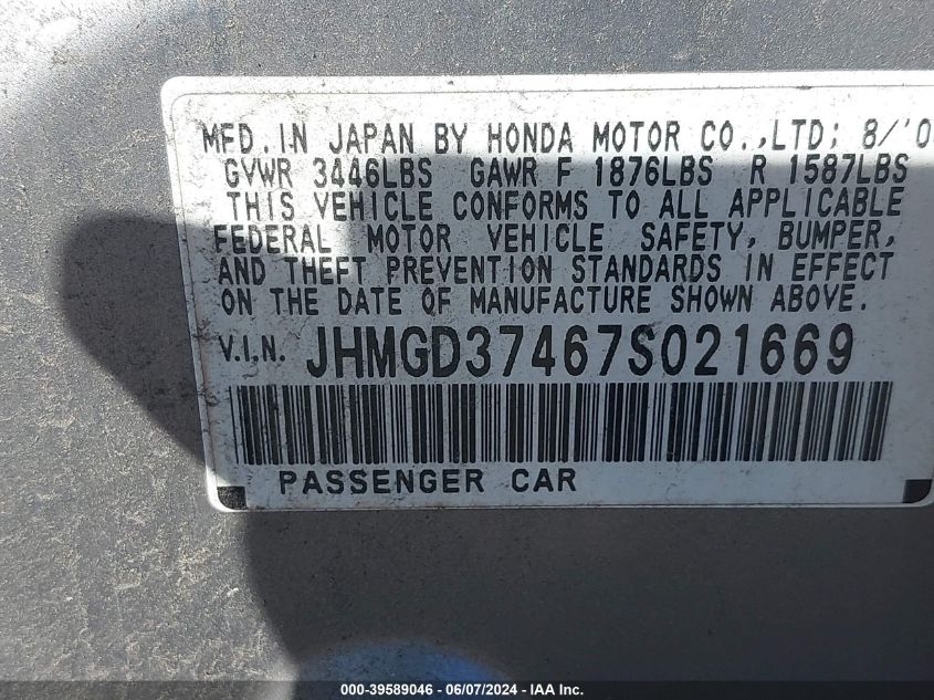 2007 Honda Fit VIN: JHMGD37467S021669 Lot: 39589046