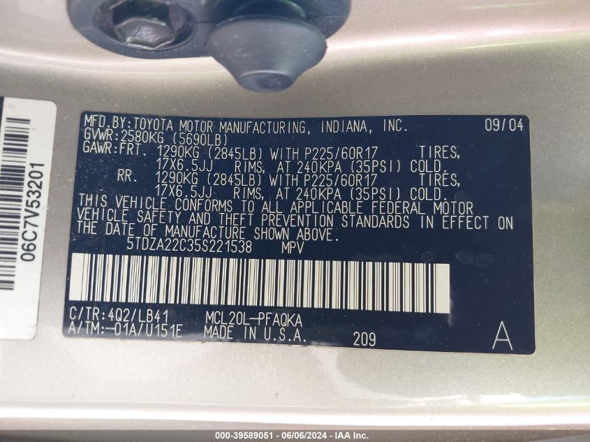 2005 Toyota Sienna Xle VIN: 5TDZA22C35S221538 Lot: 39589051