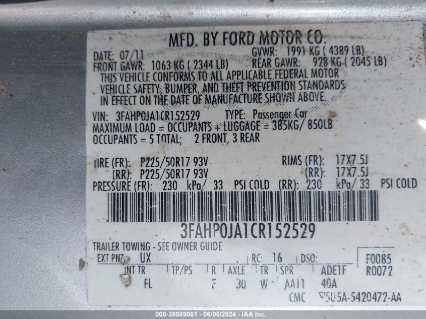 2012 Ford Fusion Sel VIN: 3FAHP0JA1CR152529 Lot: 39589061