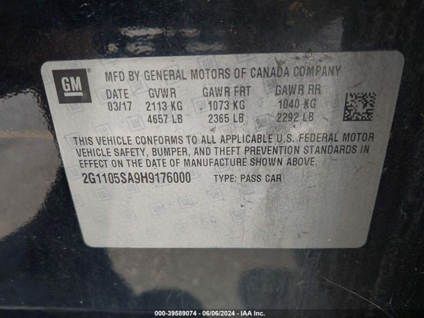 2017 Chevrolet Impala 1Lt VIN: 2G1105SA9H9176000 Lot: 39589074