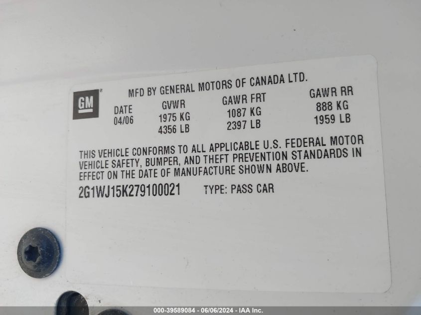 2007 Chevrolet Monte Carlo Ls VIN: 2G1WJ15K279100021 Lot: 39589084