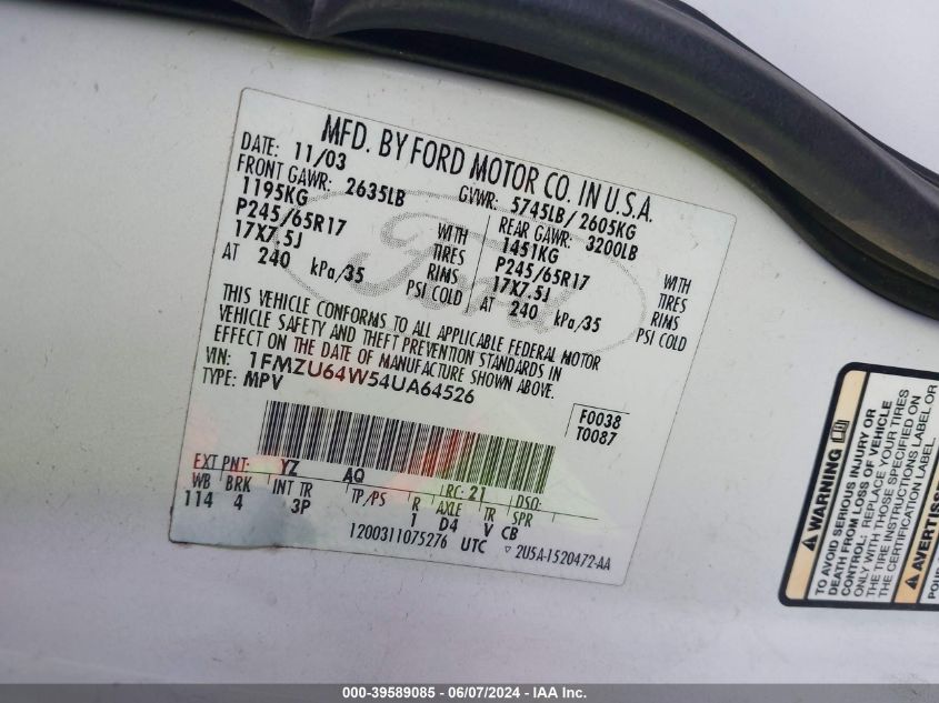 2004 Ford Explorer Eddie Bauer VIN: 1FMZU64W54UA64526 Lot: 39589085