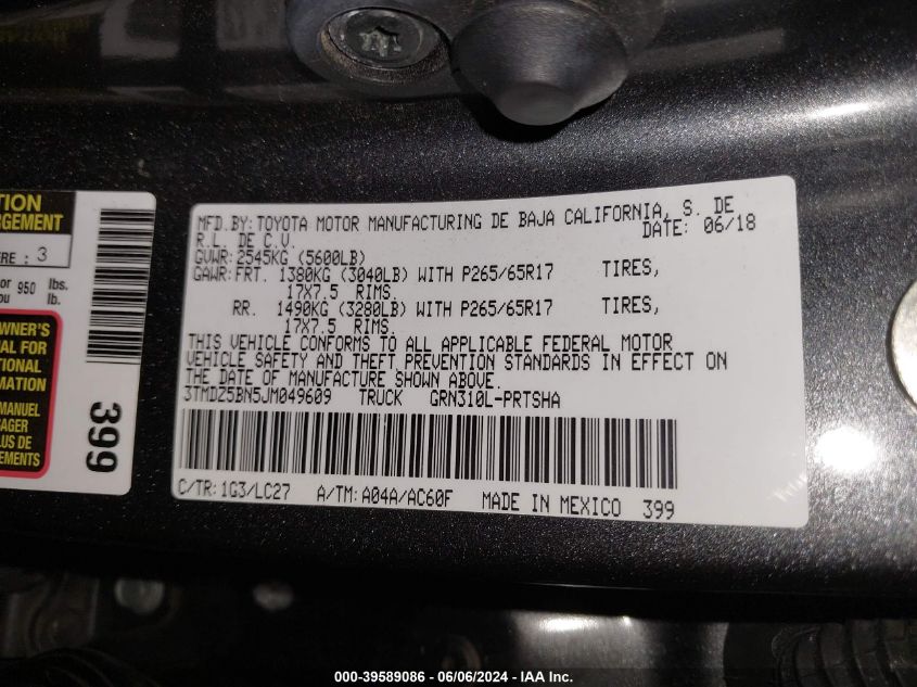 2018 Toyota Tacoma Trd Sport VIN: 3TMDZ5BN5JM049609 Lot: 39589086