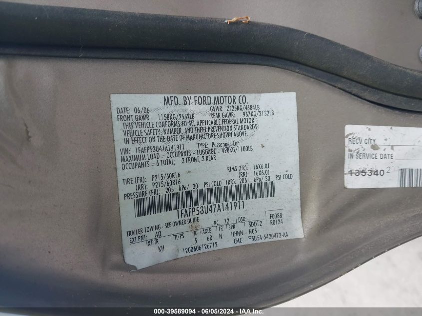 2007 Ford Taurus Se VIN: 1FAFP53U47A141911 Lot: 39589094