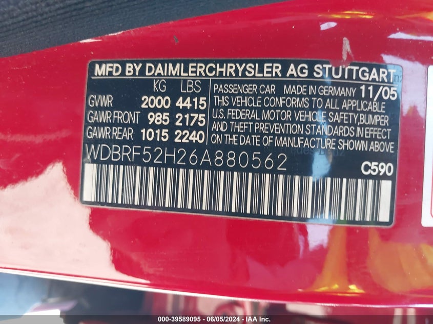 2006 Mercedes-Benz C 230 Sport VIN: WDBRF52H26A880562 Lot: 39589095