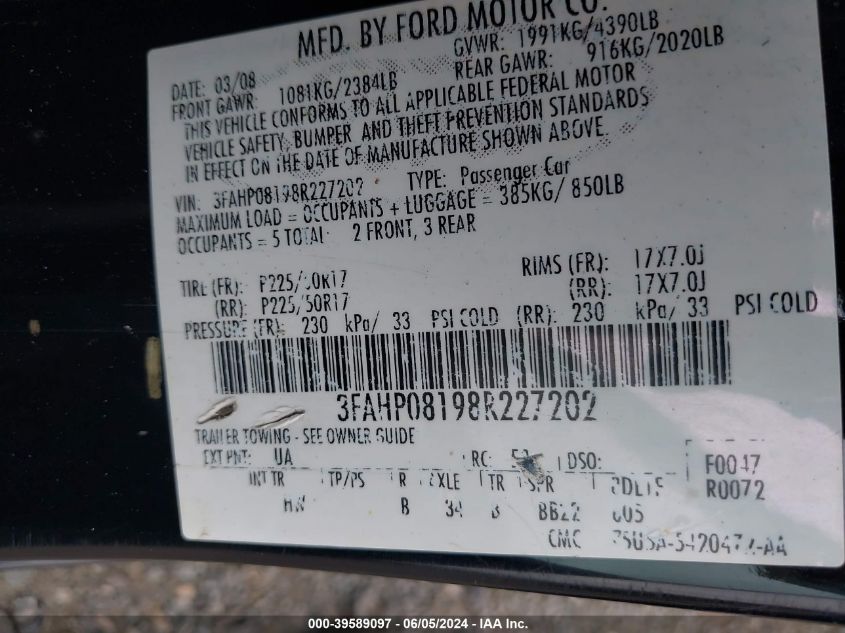 2008 Ford Fusion Sel VIN: 3FAHP08198R227202 Lot: 39589097