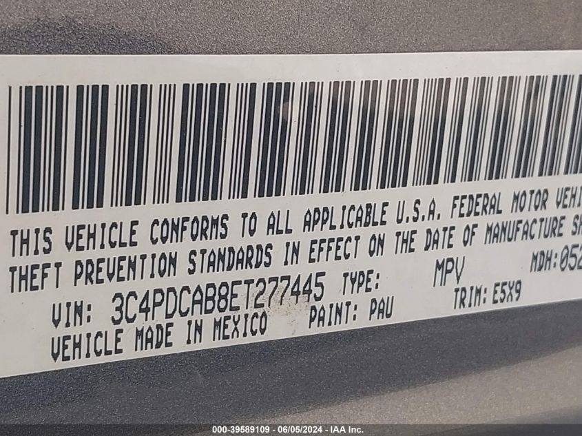 2014 Dodge Journey American Value Pkg VIN: 3C4PDCAB8ET277445 Lot: 39589109