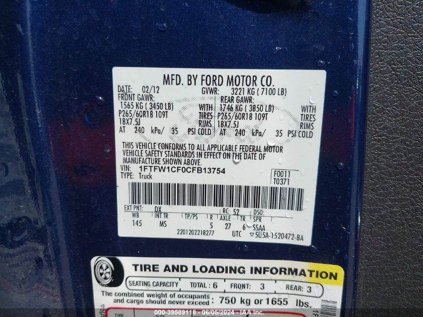 2012 Ford F-150 Xlt VIN: 1FTFW1CF0CFB13754 Lot: 39589118