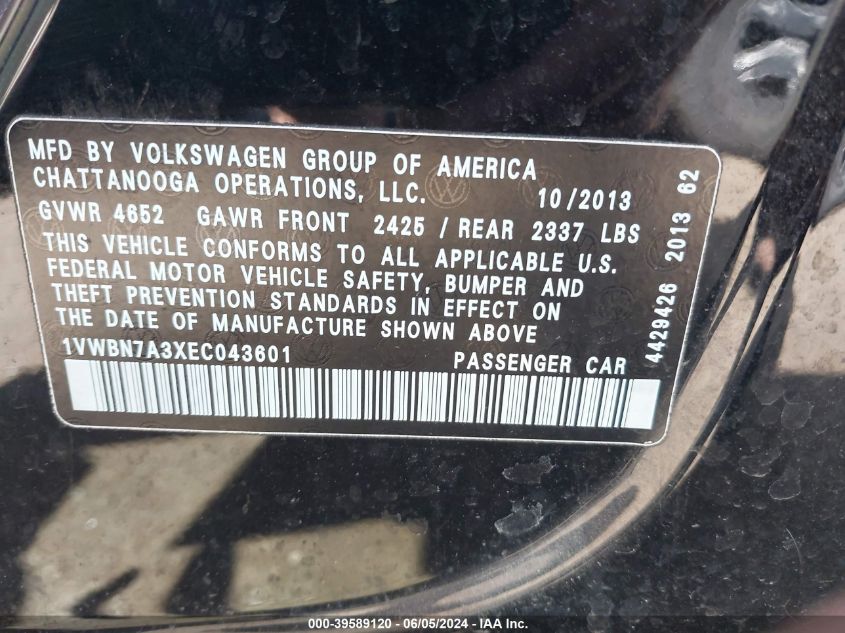 2014 Volkswagen Passat 2.0L Tdi Se VIN: 1VWBN7A3XEC043601 Lot: 39589120
