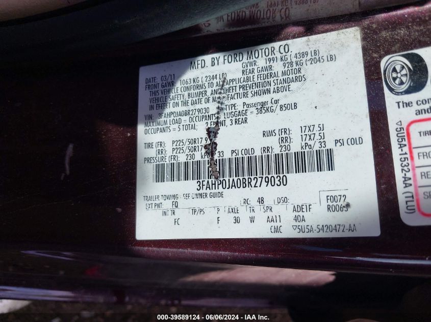 2011 Ford Fusion Sel VIN: 3FAHP0JA0BR279030 Lot: 39589124