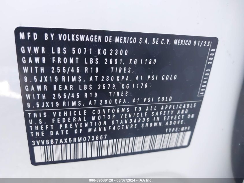 2024 Volkswagen Tiguan 2.0T Se R-Line Black VIN: 3VV8B7AX5RM073667 Lot: 39589128