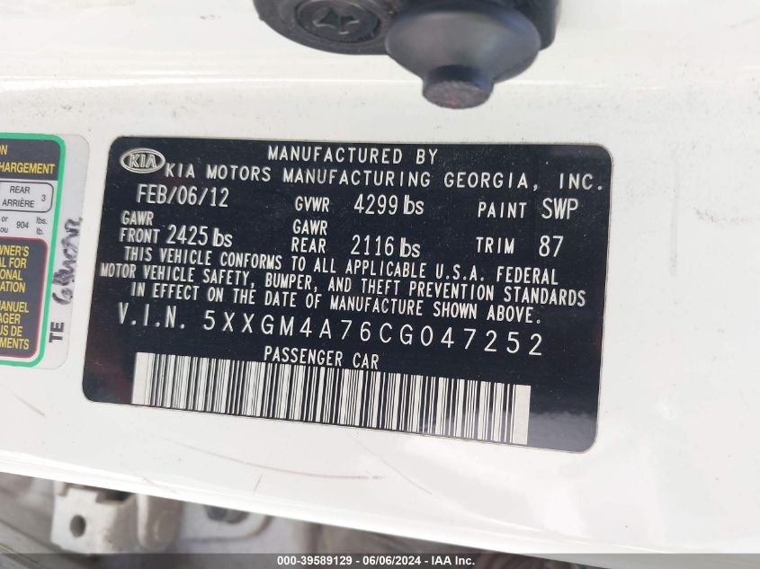 2012 Kia Optima Lx VIN: 5XXGM4A76CG047252 Lot: 39589129