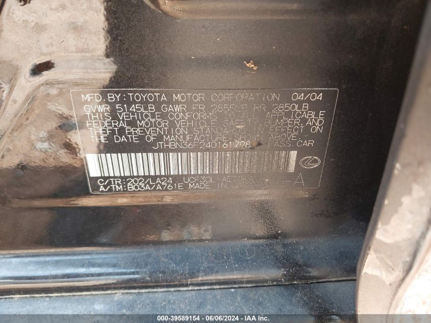 2004 Lexus Ls 430 VIN: JTHBN36F240161798 Lot: 39589154