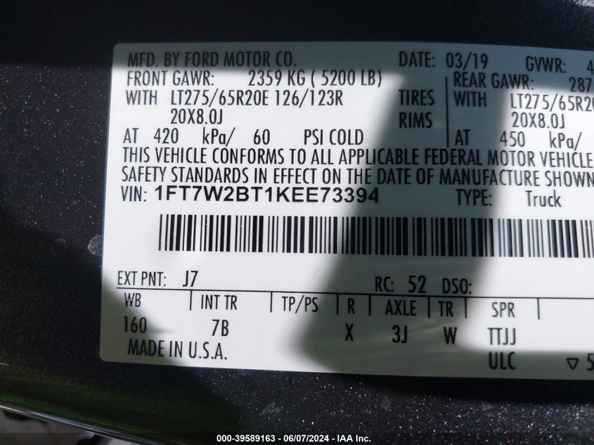2019 Ford F-250 Platinum VIN: 1FT7W2BT1KEE73394 Lot: 39589163