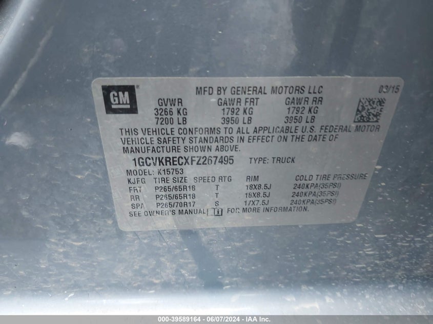 2015 Chevrolet Silverado 1500 1Lt VIN: 1GCVKRECXFZ267495 Lot: 39589164