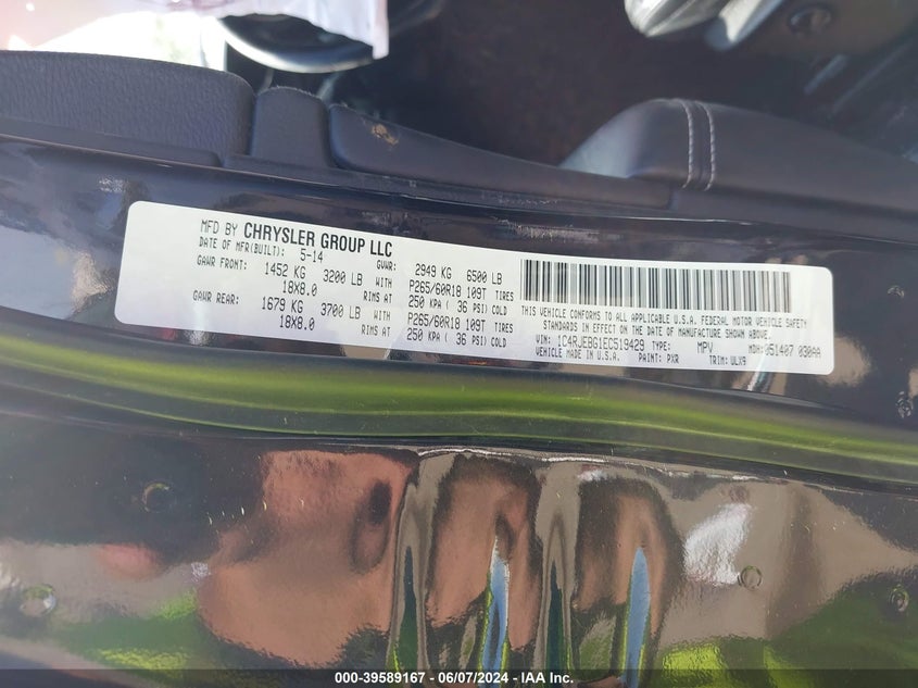 2014 Jeep Grand Cherokee Limited VIN: 1C4RJEBG1EC519429 Lot: 39589167