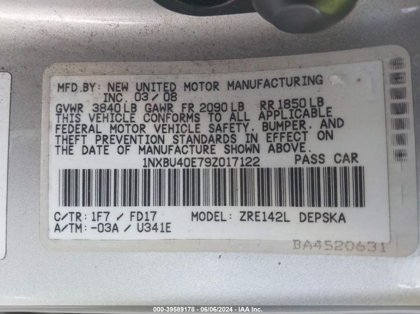 2009 Toyota Corolla S VIN: 1NXBU40E79Z017122 Lot: 39589178