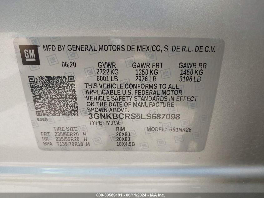 2020 Chevrolet Blazer Fwd 2Lt VIN: 3GNKBCRS5LS687098 Lot: 39589191