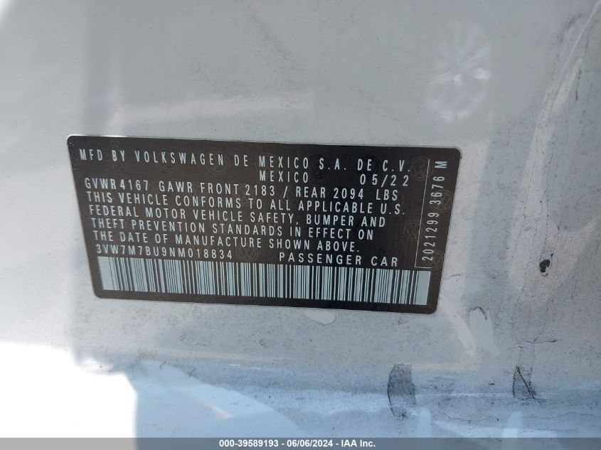 2022 Volkswagen Jetta 1.5T Se VIN: 3VW7M7BU9NM018834 Lot: 39589193