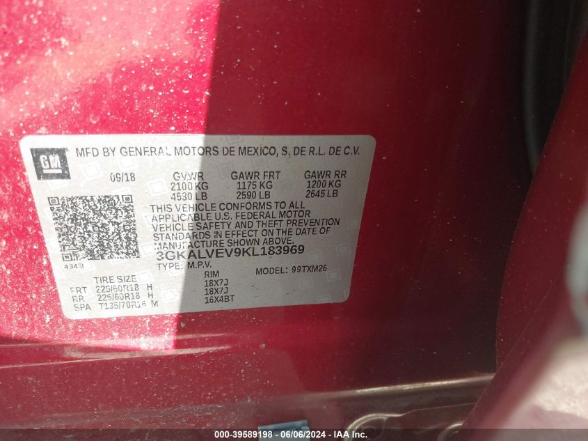 2019 GMC Terrain Slt VIN: 3GKALVEV9KL183969 Lot: 39589198