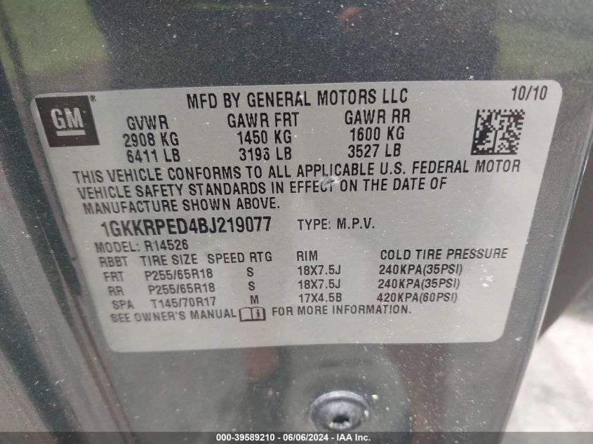 2011 GMC Acadia Sle VIN: 1GKKRPED4BJ219077 Lot: 39589210