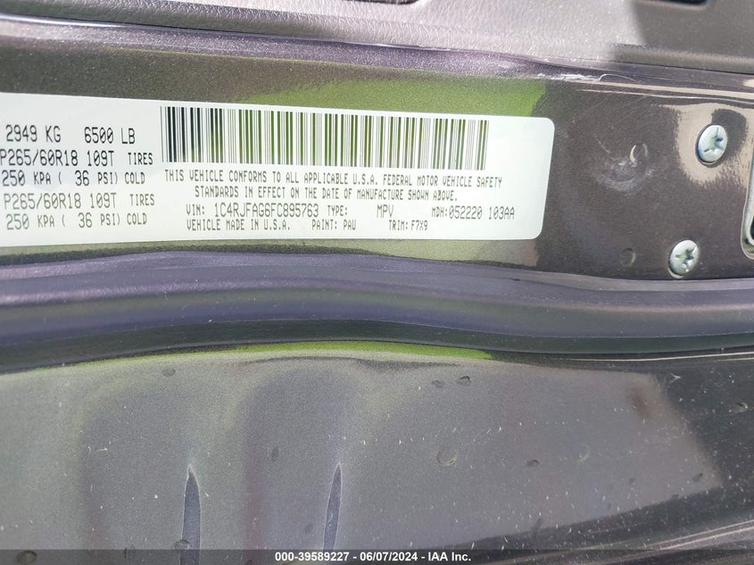 2015 Jeep Grand Cherokee Laredo VIN: 1C4RJFAG6FC895763 Lot: 39589227