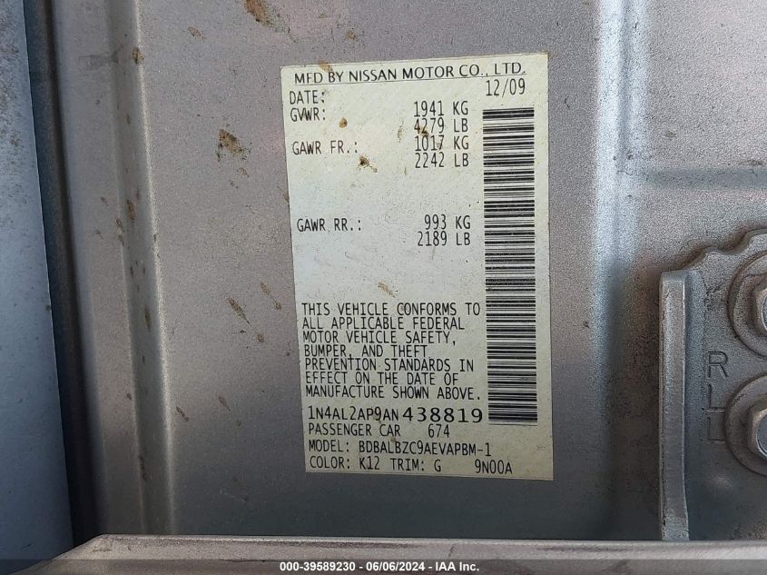 2010 Nissan Altima 2.5 S VIN: 1N4AL2AP9AN438819 Lot: 39589230