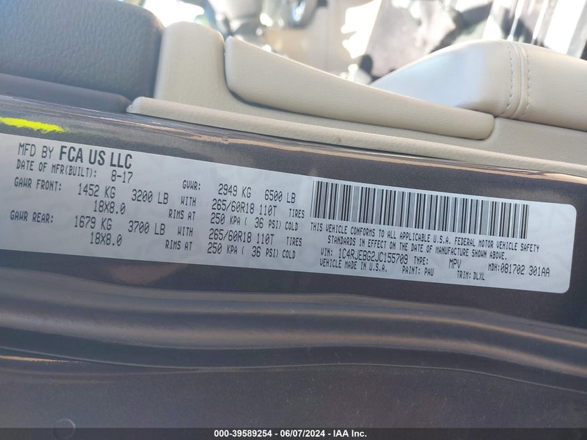 2018 Jeep Grand Cherokee Limited 4X2 VIN: 1C4RJEBG2JC155709 Lot: 39589254