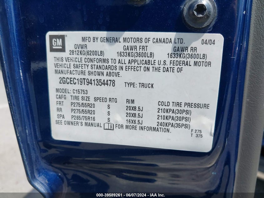 2004 Chevrolet Silverado 1500 Ls VIN: 2GCEC19T941354478 Lot: 39589261