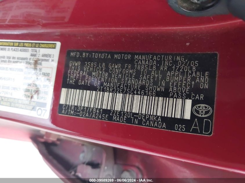 2005 Toyota Corolla Le VIN: 2T1BR32E75C446166 Lot: 39589269