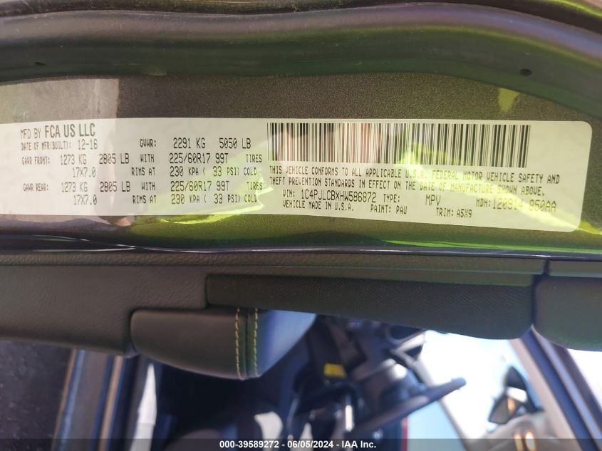 2017 Jeep Cherokee Latitude Fwd VIN: 1C4PJLCBXHW586872 Lot: 39589272