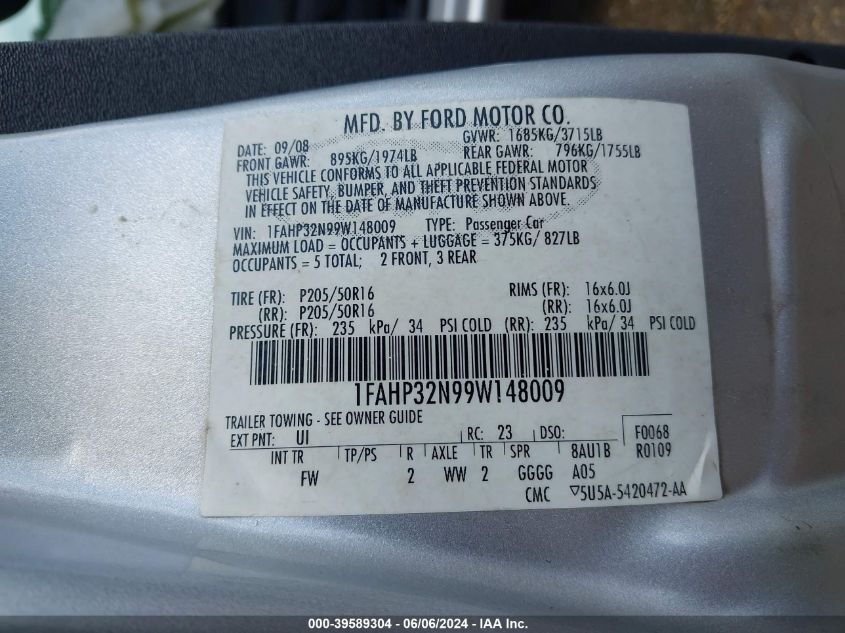 2009 Ford Focus Se VIN: 1FAHP32N99W148009 Lot: 39589304