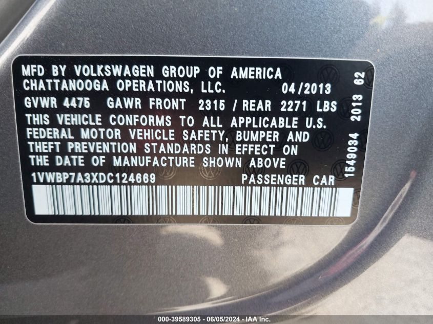 2013 Volkswagen Passat 2.5L Se VIN: 1VWBP7A3XDC124669 Lot: 39589305