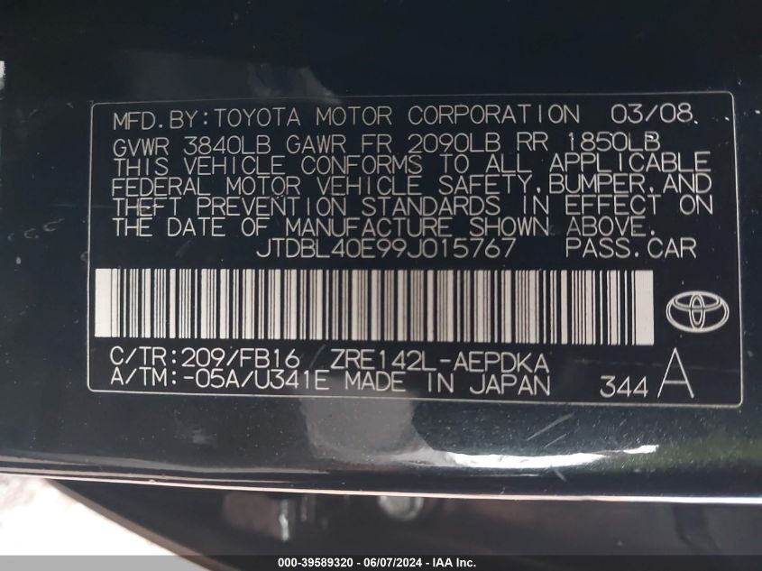 2009 Toyota Corolla Le VIN: JTDBL40E99J015767 Lot: 39589320