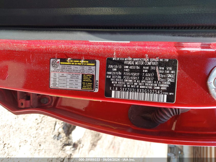 2013 Hyundai Santa Fe Sport VIN: 5XYZU3LBXDG102545 Lot: 39589333