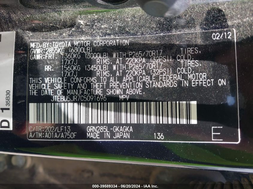 2012 Toyota 4Runner Sr5 VIN: JTEBU5JR7C5091696 Lot: 39589334