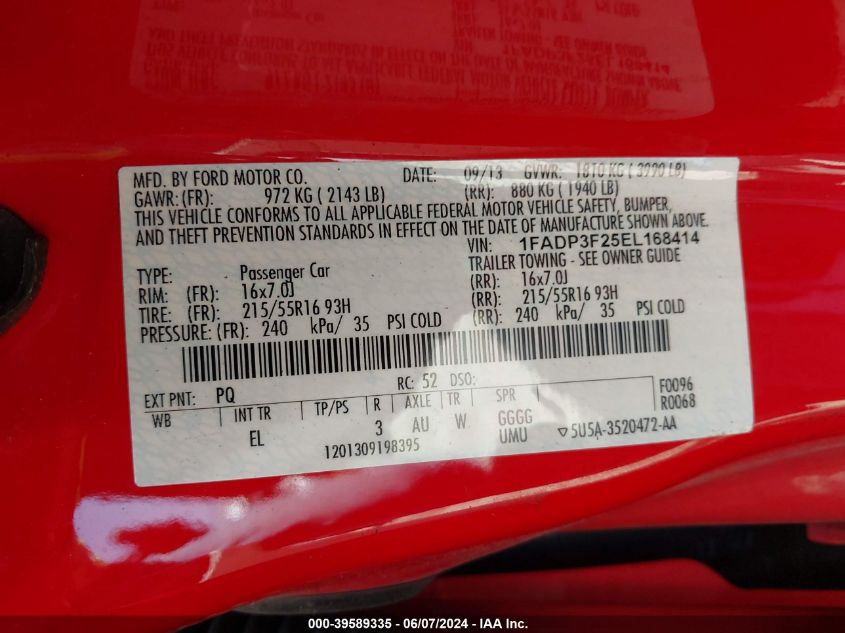 2014 Ford Focus Se VIN: 1FADP3F25EL168414 Lot: 39589335