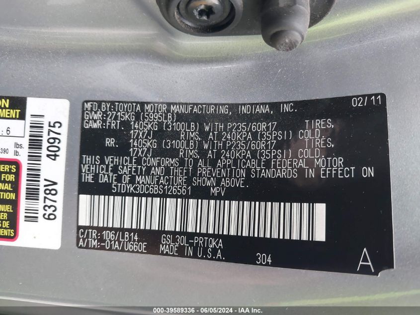 2011 Toyota Sienna Xle V6 VIN: 5TDYK3DC6BS126561 Lot: 39589336