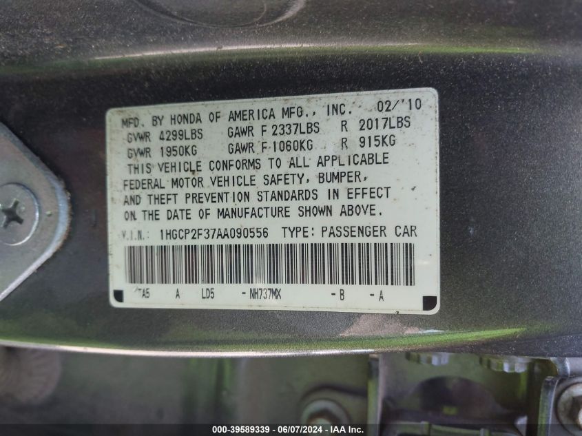 2010 Honda Accord 2.4 Lx VIN: 1HGCP2F37AA090556 Lot: 39589339