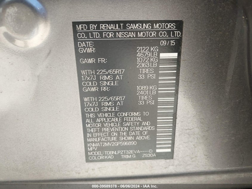 2016 Nissan Rogue S VIN: KNMAT2MV2GP596890 Lot: 39589378